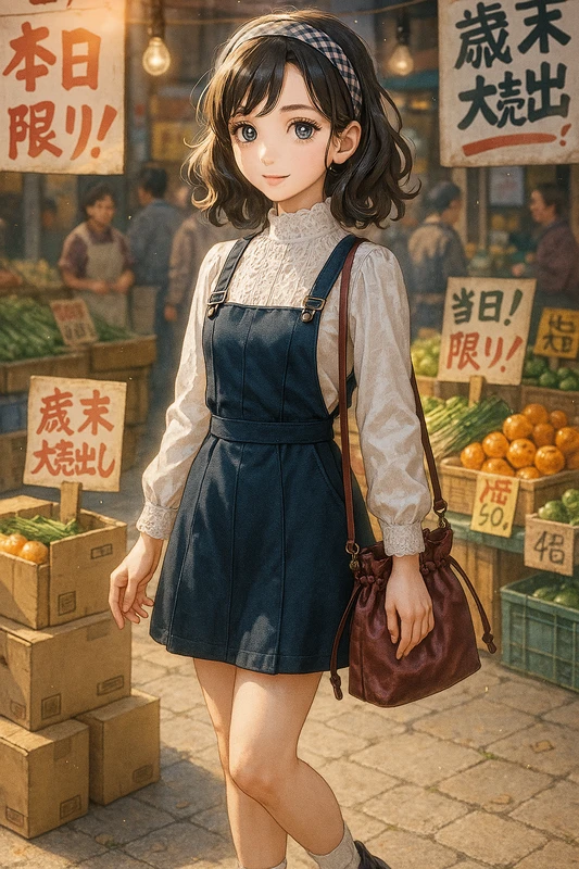 レースハイネック+オーバーオール台形スカート|昭和レトロ女子AIプロンプト