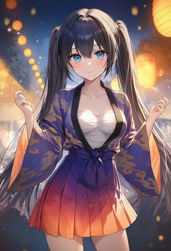 夜景グラデはっぴ×さらし×プリーツミニスカートコーデのAIイラスト作例（NovelAI）