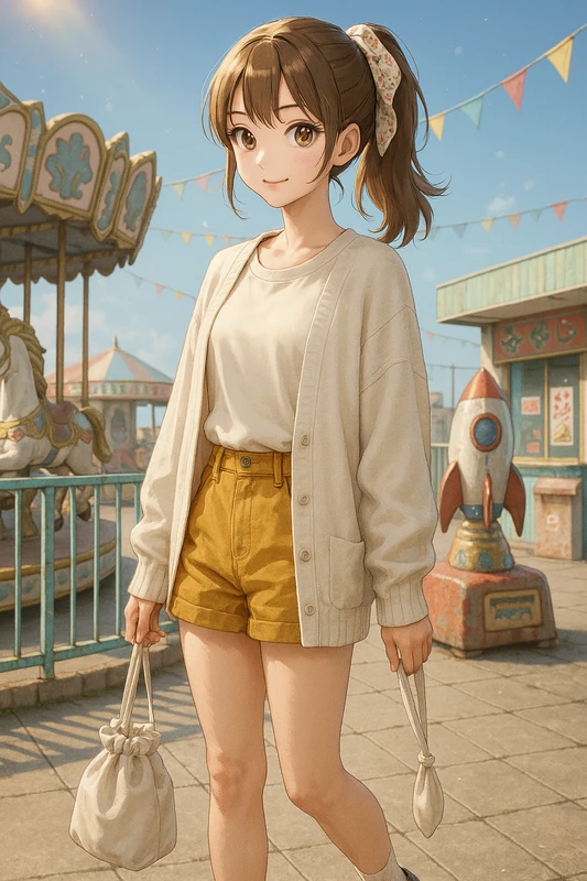 クリームT+マスタードコーデュロイショーパン|昭和レトロ女子AIプロンプト