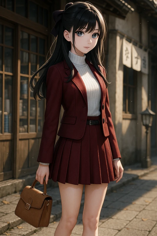 小豆色セットアップ+白ハイネックの昭和レトロ女子のAIイラスト