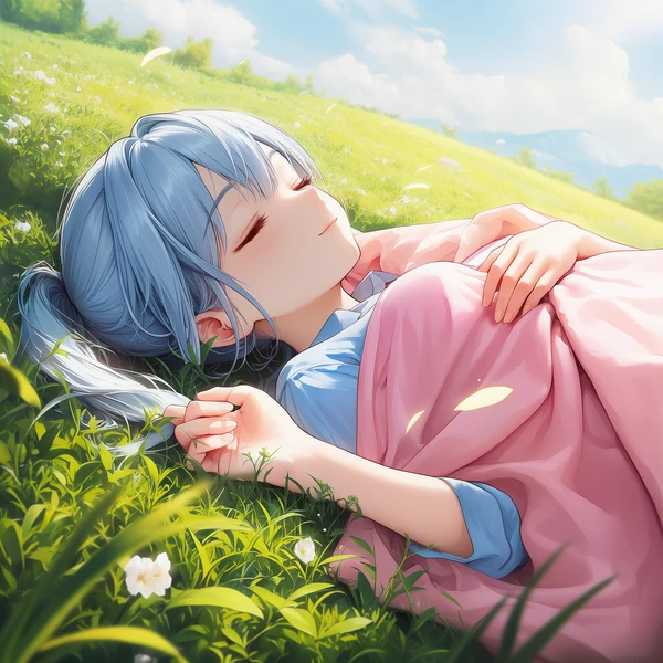 ブランケットをかけて寝るAI美少女イラスト(横顔)|プロンプト紹介