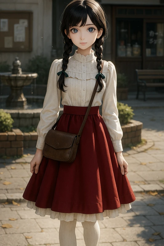 エンジサスぺンダー+レースブラウスの昭和レトロ女子のAIイラスト