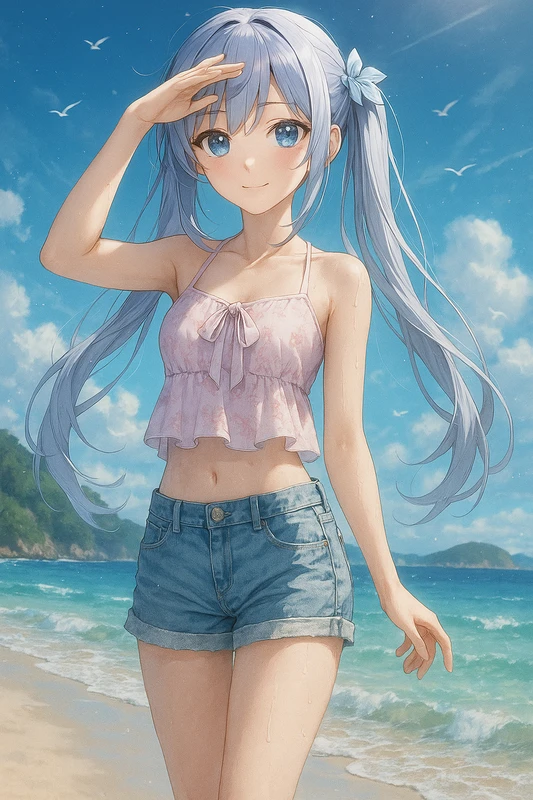 海を背景にして立つ美少女のAIイラスト作例