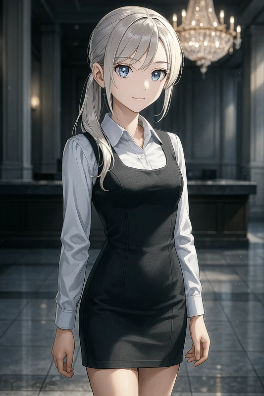 白ブラウス+ワンピース風ジャンパースカート|OLの服プロンプト紹介