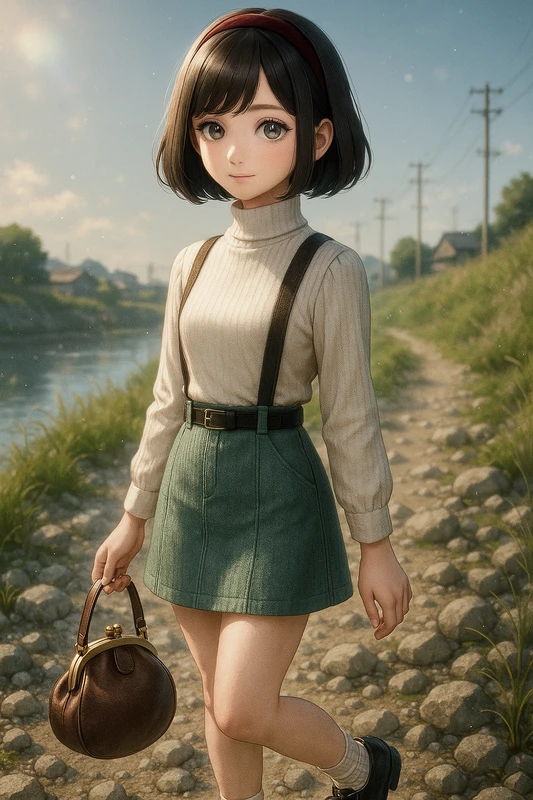 アイボリータートル+ミント台形スカート|昭和レトロ女子AIプロンプト