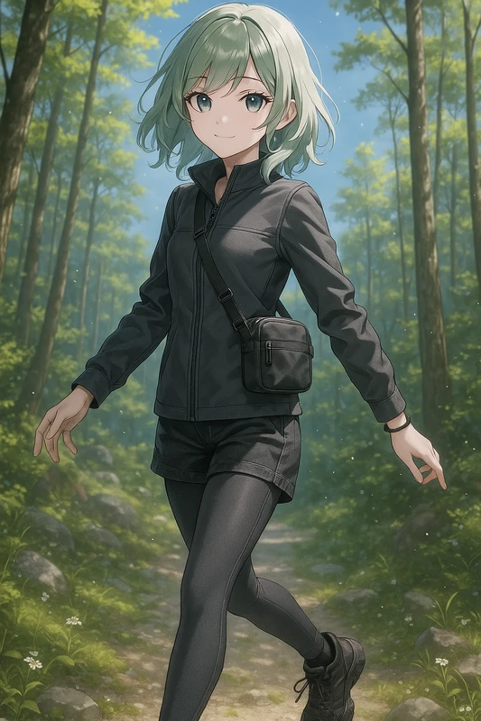 ブラックデニム×ダークグレーのシックアウトドア|山ガールのプロンプト紹介