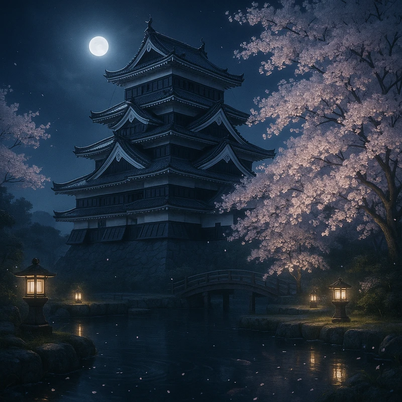 日本の夜桜城のプロンプト紹介｜AIイラスト