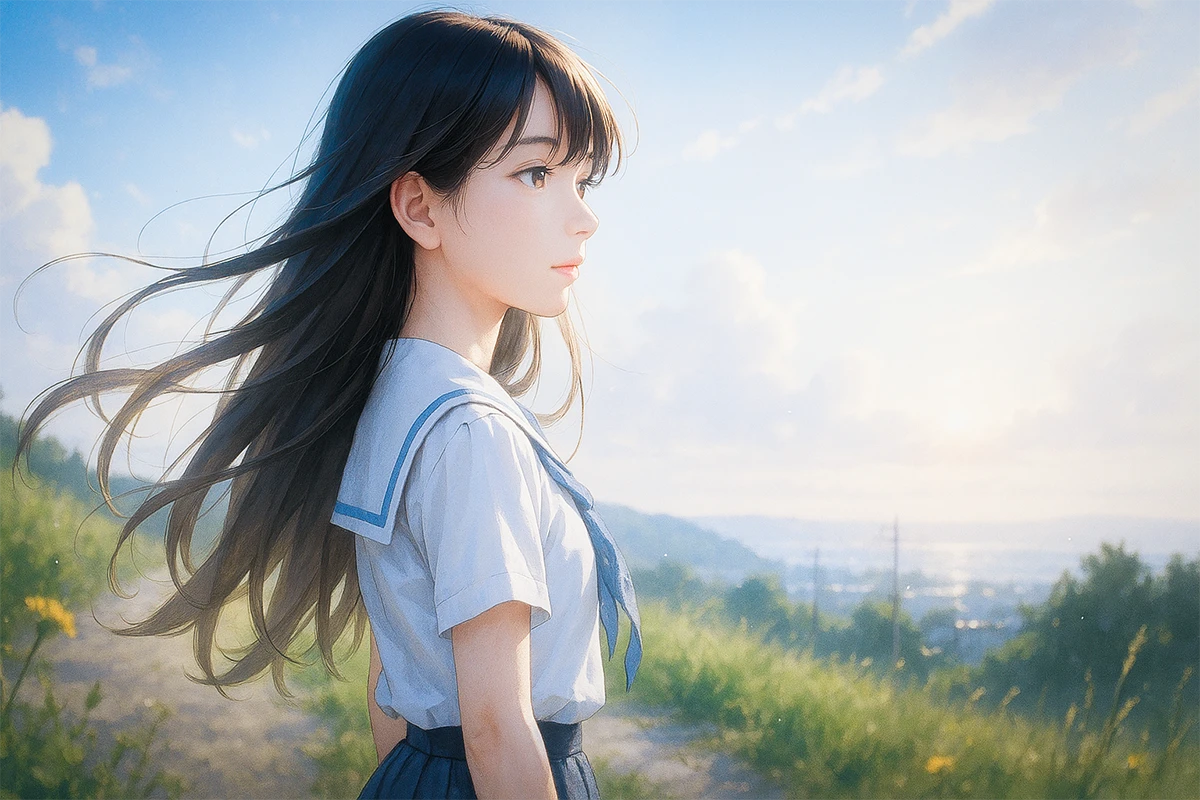 美少女の横顔(バストアップ構図)のAIイラスト作例|プロンプト・テクニック
