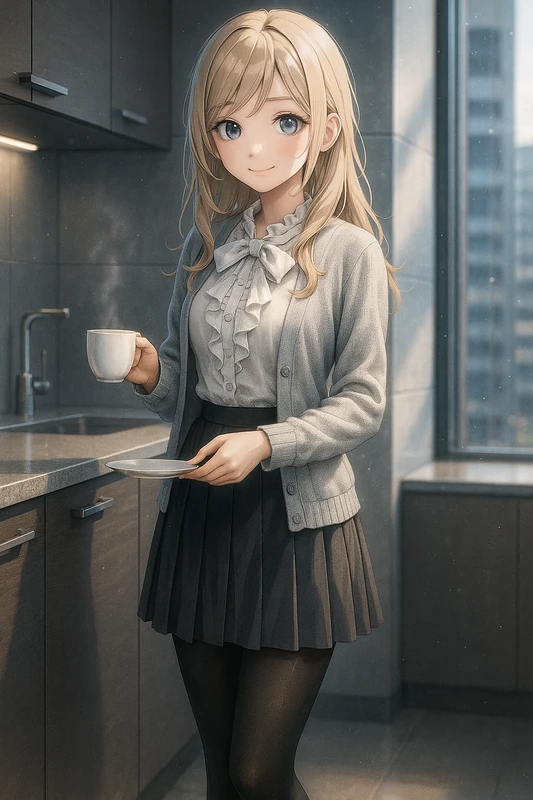 フリルブラウスのOL服とタイツを合わせたAIイラスト作例