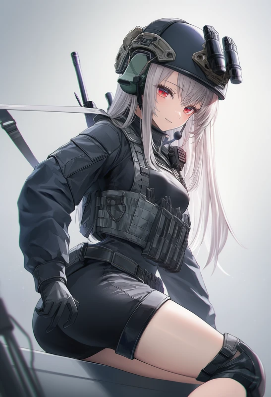 黒のタクティカル装備ミリタリー服を着た美少女AIイラスト(座り姿)