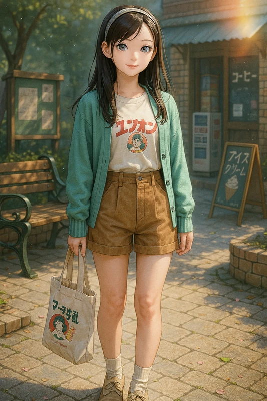 アニメロゴT+ミントカーデ+コーデュロイショーパンの昭和レトロ女子のAIイラスト