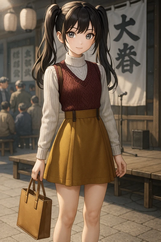 薄グレー ハイネック+マスタードサスペンダースカート+ワインニット|昭和レトロ女子AIプロンプト