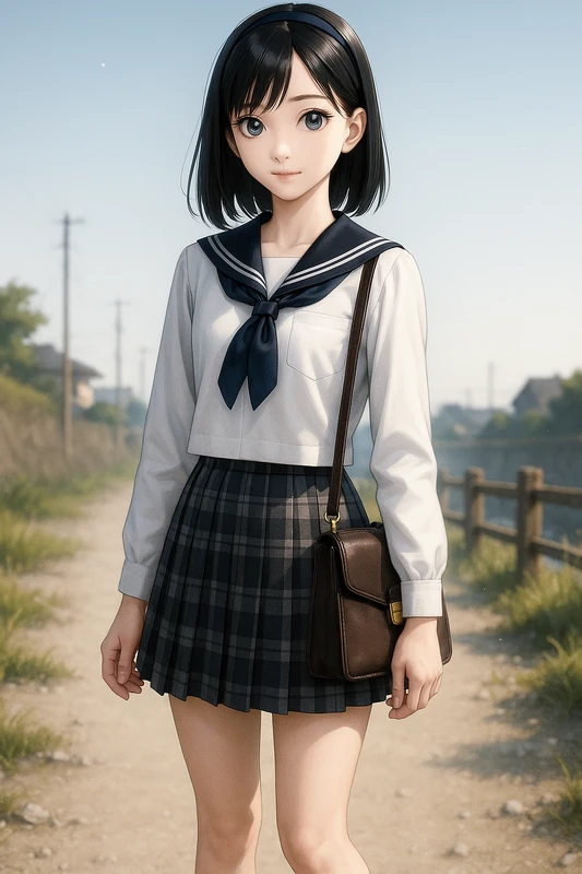 ネイビー襟セーラーブラウスとチェック台形スカート|昭和レトロ女子AIプロンプト