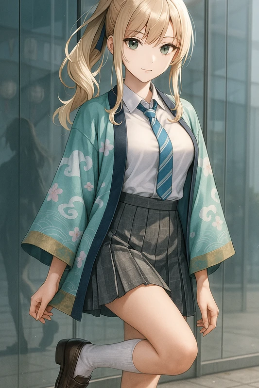 雲桜ミントはっぴ×ストライプネクタイ制服コーデ｜プロンプト紹介