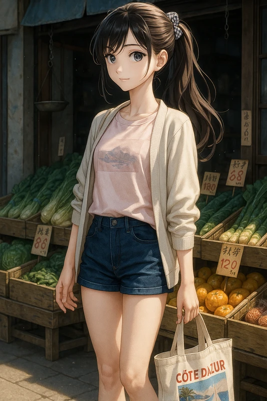 淡ピンクグラフィックT+インディゴデニムショーパン|昭和レトロ女子AIプロンプト
