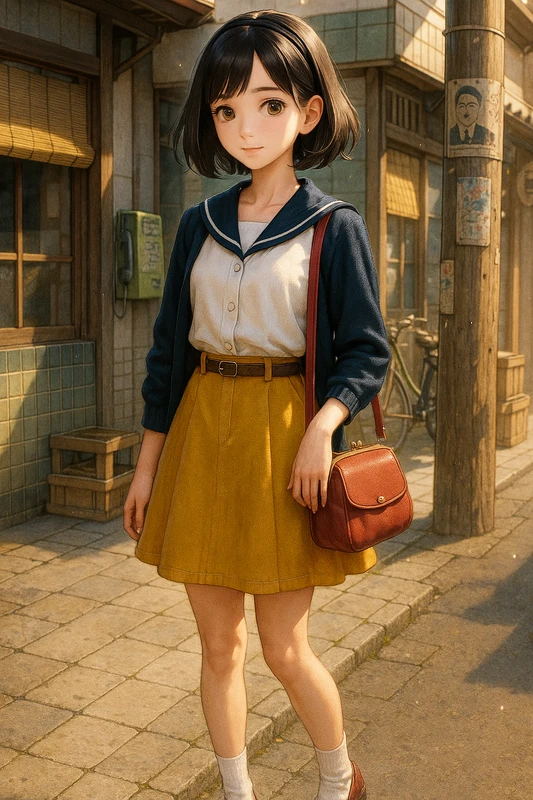 マスタード台形スカート+白セーラーの昭和レトロ女子のAIイラスト