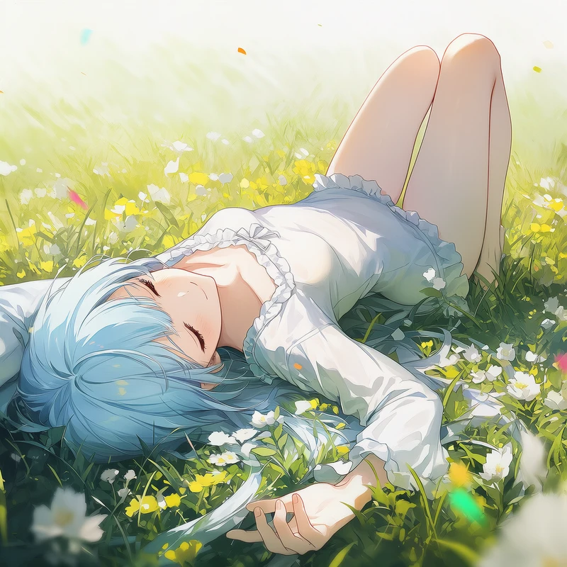 膝を立てて寝るAI美少女イラスト|プロンプト紹介