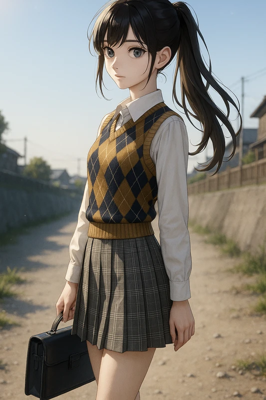 アイボリーブラウス+アーガイルベスト+グレンチェックプリーツ|昭和レトロ女子AIプロンプト