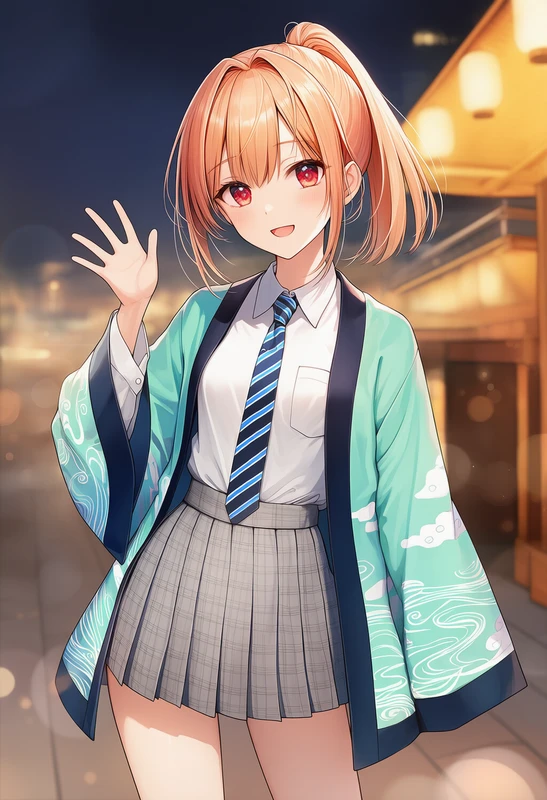 雲桜ミントはっぴ×ストライプネクタイ制服コーデのAIイラスト作例（NovelAI）