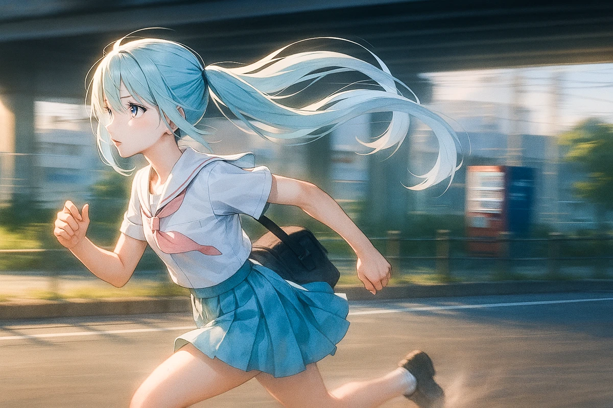 走る美少女の横顔のAIイラスト作例|プロンプト・テクニック