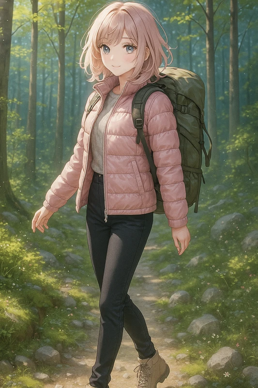 ピンクダウン×黒パンツの上品フェミニン登山|山ガールのプロンプト紹介
