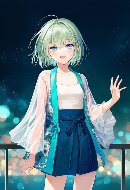 青花柄シアーはっぴ×スクエアトップ×ブルーラップスカートコーデのAIイラスト作例（NovelAI）