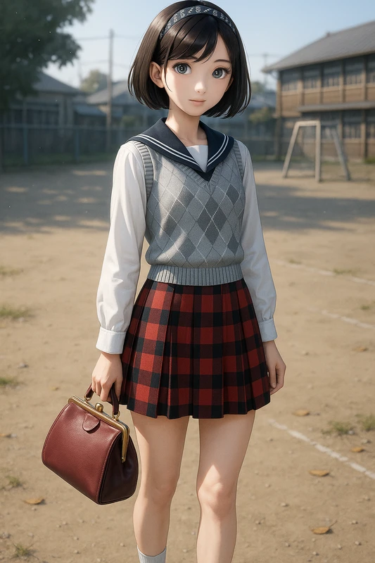 白セーラーブラウス+ライトグレーアーガイルベスト+赤黒チェック台形スカート|昭和レトロ女子AIプロンプト