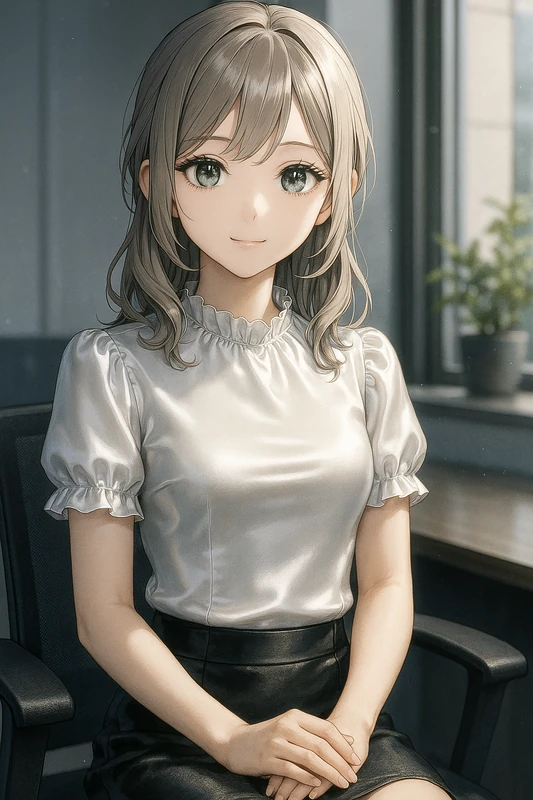 シルク生地のブラウスのOL服のAIイラスト作例