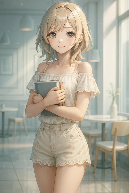 フリルのトップスにレースのショートパンツのコーデのAIイラスト|フェミニン系コーデ