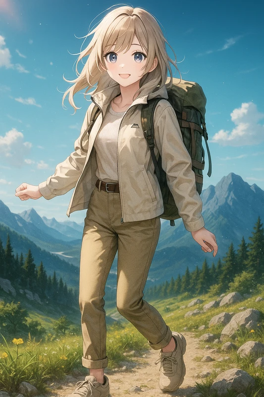 ベージュ×サンドのナチュラルシンプル登山系|山ガールのプロンプト紹介