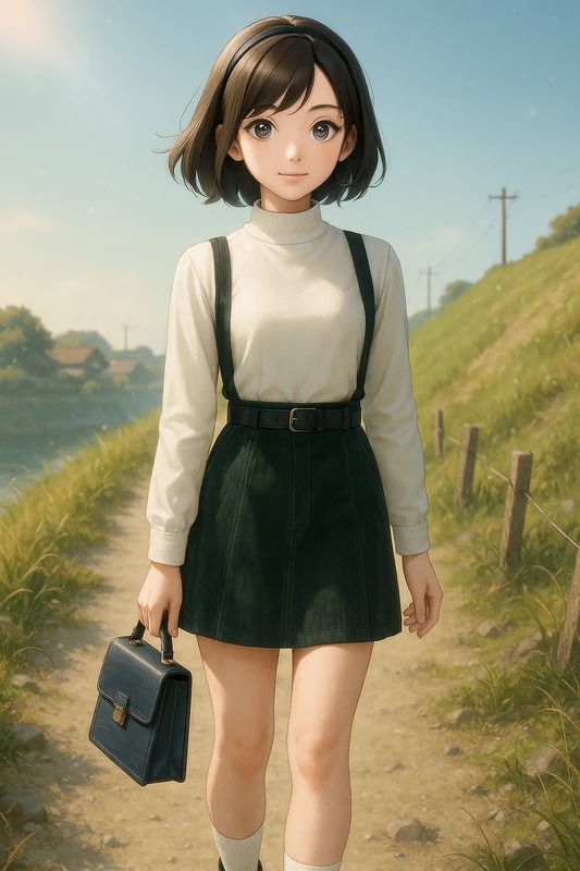 白ハイネック+ダークグリーン台形スカート|昭和レトロ女子AIプロンプト