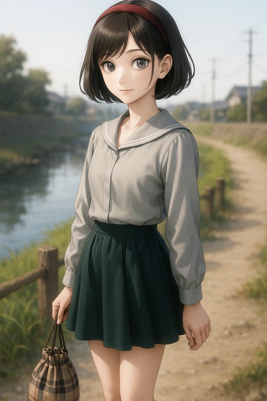 ペールグレーセーラーブラウス+ダークグリーン台形スカート|昭和レトロ女子AIプロンプト