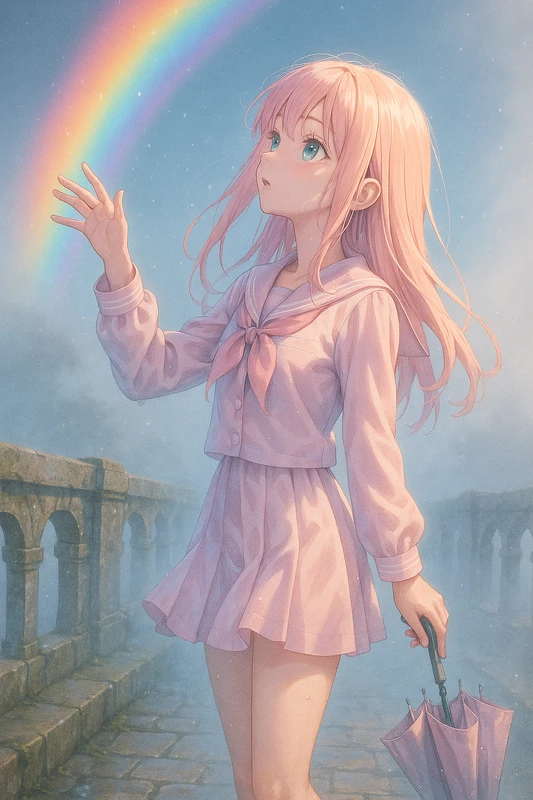 虹 × 霧を再現したAIイラスト|天気・天候のプロンプト紹介