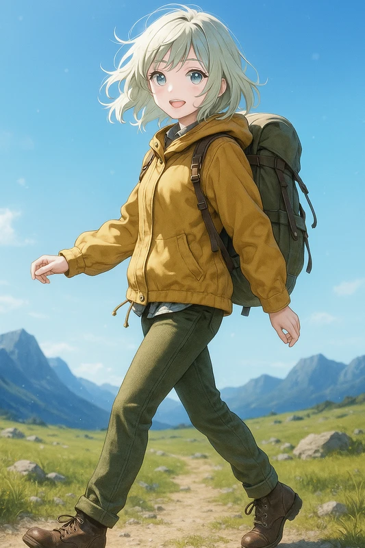 オーカーアノラック×チェックのレトロ山スタイル|山ガールのプロンプト紹介
