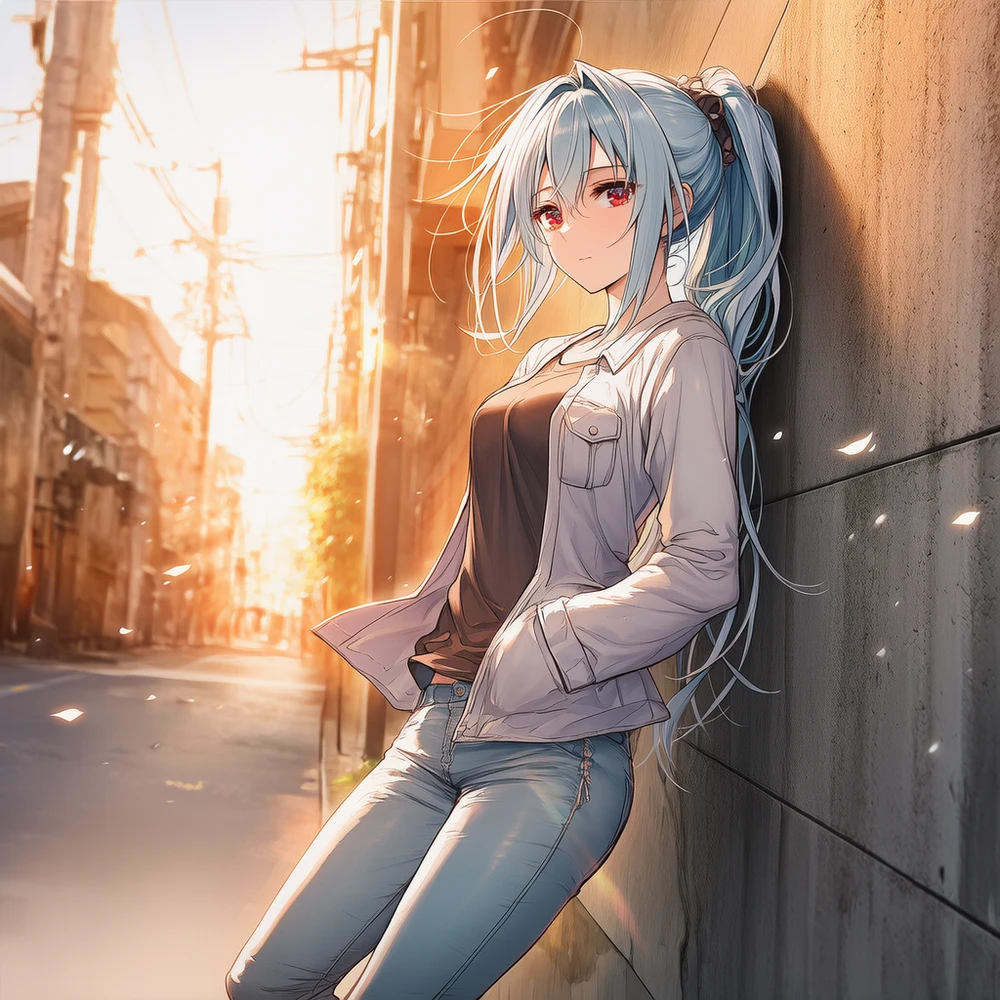 壁にもたれて背中を反らす立ち姿のAIイラスト作例|プロンプト紹介