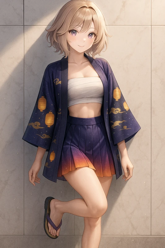 夜景グラデはっぴ×さらし×プリーツミニスカートコーデ｜プロンプト紹介