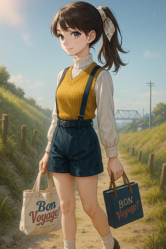 ナチュラルハイネック+ネイビーサスペンダーショーパン+マスタードベスト|昭和レトロ女子AIプロンプト