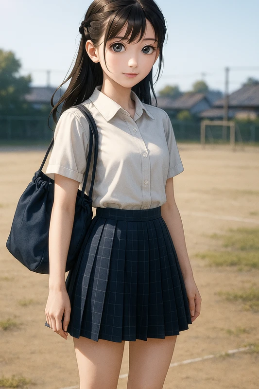 オフ白ブラウス+ネイビー細チェックプリーツスカート|昭和レトロ女子AIプロンプト