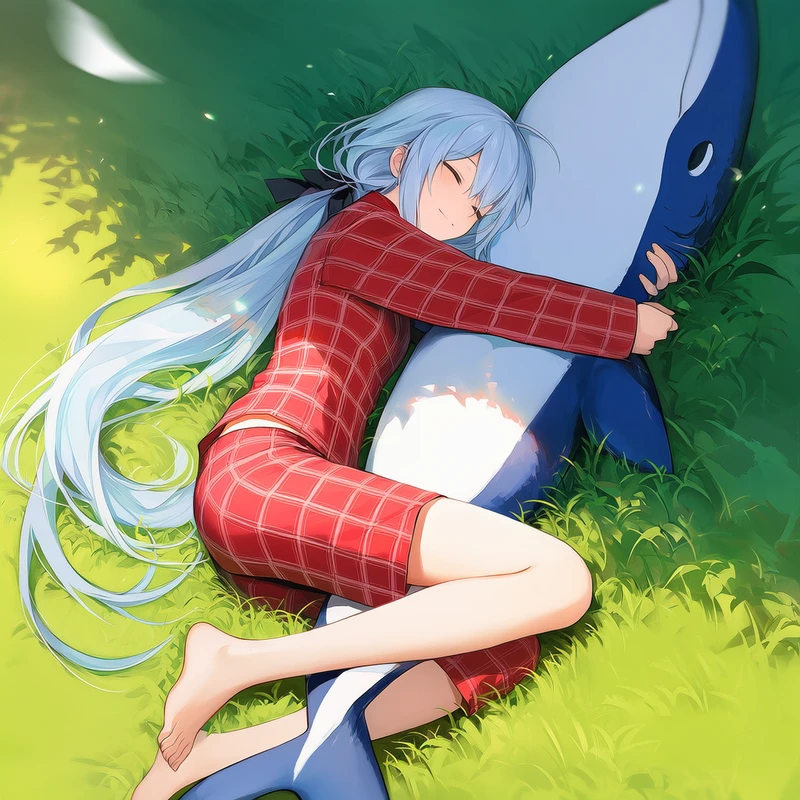 大きなぬいぐるみを抱いて寝るAI美少女イラスト|プロンプト紹介