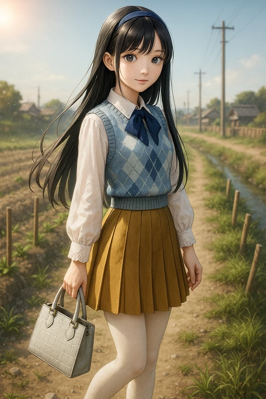 白レースブラウス+ライトブルーアーガイルベスト+マスタードプリーツ|昭和レトロ女子AIプロンプト