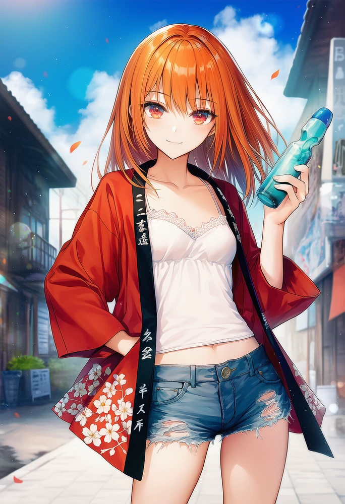 はっぴ、キャミソール、デニムショーパン｜AIプロンプト