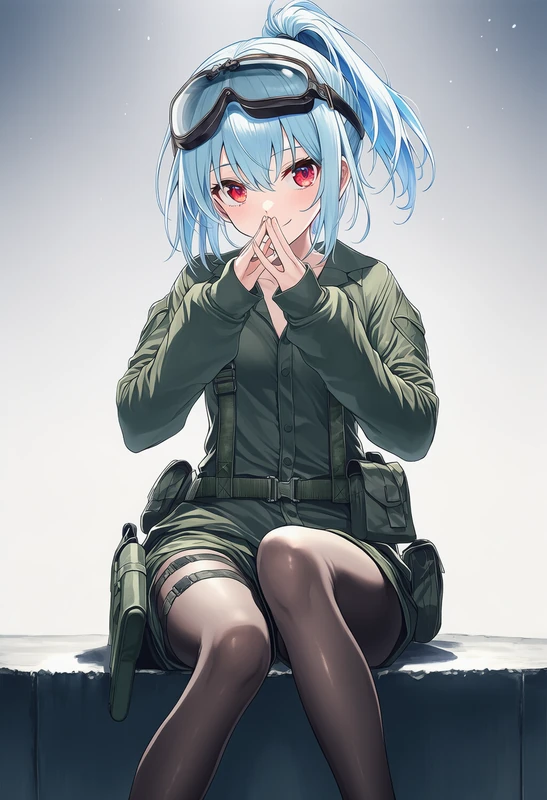 ぶかぶかサイズの軍服コーデを着た美少女AIイラスト(座り姿)