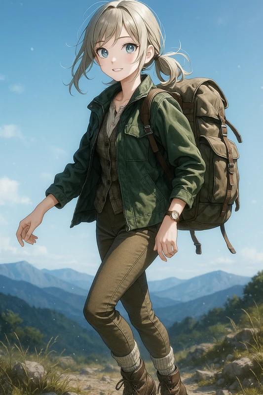 フォレストグリーン×ウールベストのトラッド登山風|山ガールのプロンプト紹介