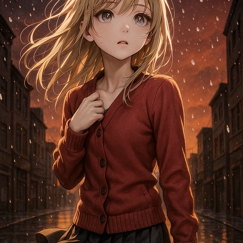ChatGPT(4o)で生成した夕焼けと雹嵐の天候のAIイラスト作例