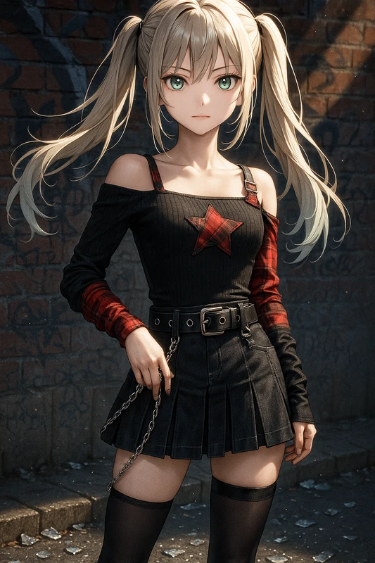 星チェックトップ×黒プリーツ|パンクファッションのプロンプト