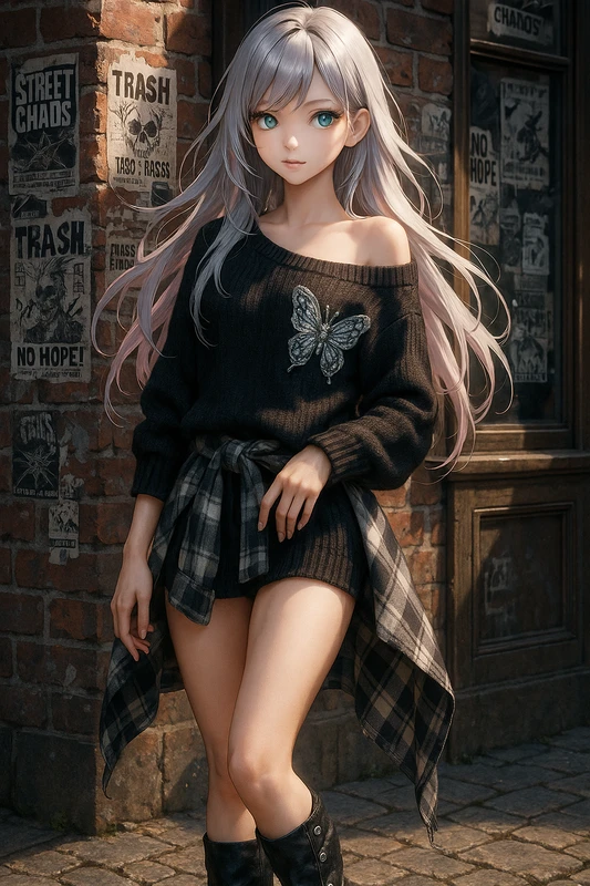 バタフライニット×腰巻き柄|パンクファッションのプロンプト