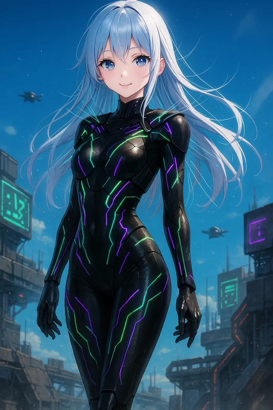 サイバー感のある光るスーツのAIイラスト|SF服のプロンプト紹介