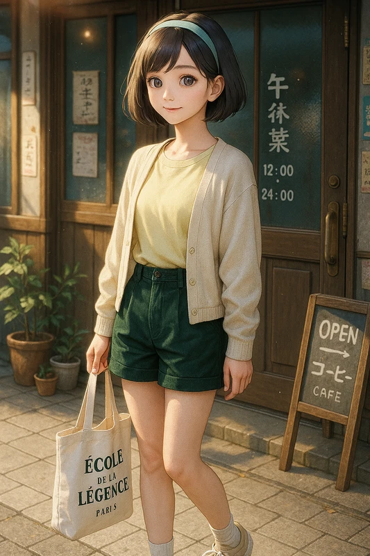 薄イエローT+ダークグリーンコーデュロイショーパン|昭和レトロ女子AIプロンプト