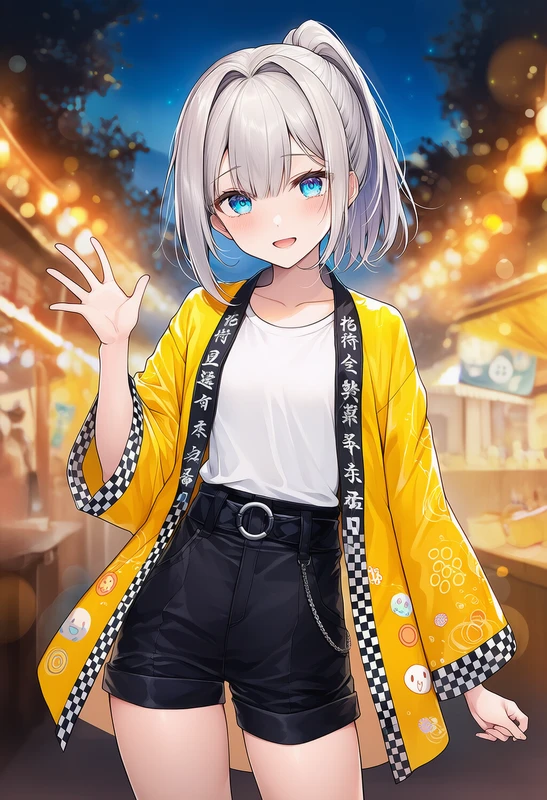 イエローPOPはっぴ×Tシャツ×黒ショーパンコーデのAIイラスト作例（NovelAI）
