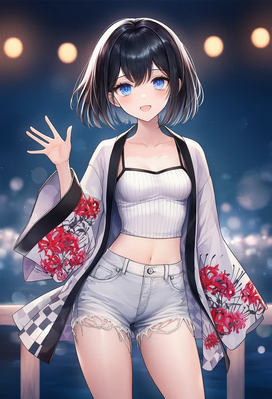 白地花鳥はっぴ×リブキャミ×白デニムショーパンコーデのAIイラスト作例（NovelAI）